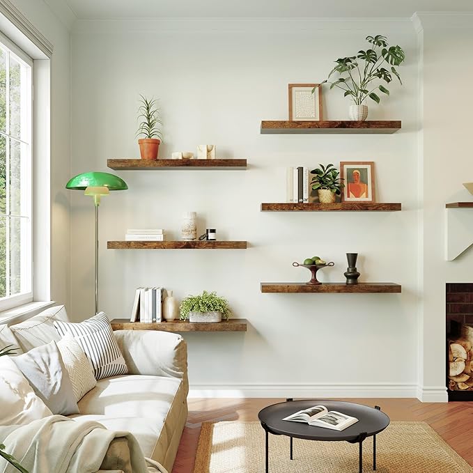 Large Floating Shelves for Wall Set of 1 Wooden Wall Shelves V Room Decor Long Shelf with Invisible Wall Mount Bracket for Bedroom Kitchen Living Room Rustic Brown-Ruum Studio Home