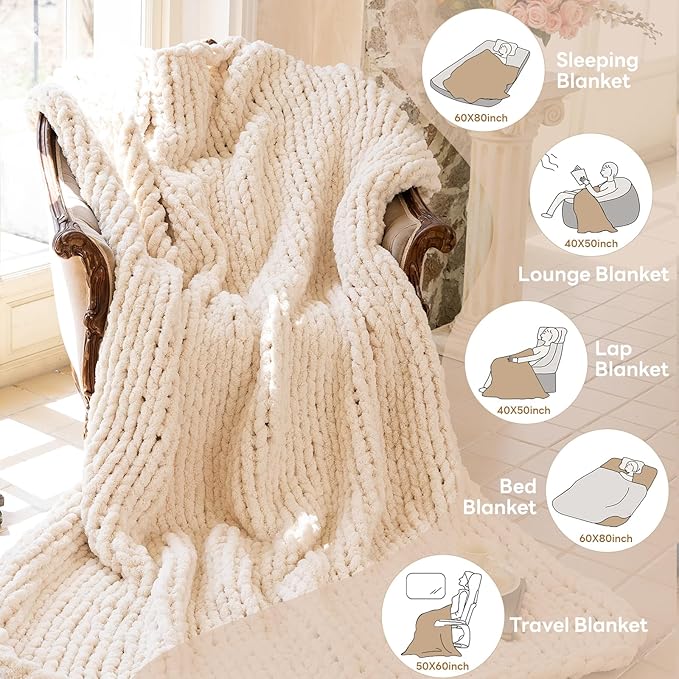 Chunky Knit Blanket - Luxury Soft Cozy 40 * 50 Throw Blanket,100% Woven Blanket Rope Knot Throw Blanket for Couch, Sofa, Home Decor, Gift - Machine Washable(Cream)-Ruum Studio Home