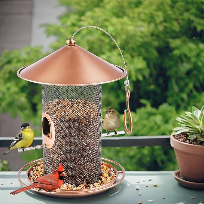 Bird Feeder for Outdoor, Metal Wild Bird Feeder Hanging Outside, 7.5" Copper Roof and 360 Degree Feeding Tray with 2 Extra Feeding Ports, 3 Lbs Bird Seeds Capacity-Ruum Studio Home