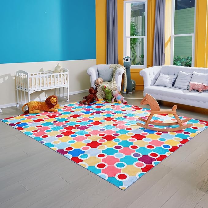 Machine Washable Polka Dot Rug for Kids Area - Multicolor Soft Rug for Nursery/Playroom/Classroom - 5x8-Ruum Studio Home