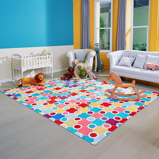 Machine Washable Polka Dot Rug for Kids Area - Multicolor Soft Rug for Nursery/Playroom/Classroom - 5x8-Ruum Studio Home