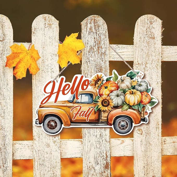 Hello Fall Wood Hanging Truck Decoration, Autumn Wooden Signs, Rustic Thanksgiving Decoration, Home Interior And Exterior Decor, Autumn Harvest Thanksgiving Home Decor-Ruum Studio Home