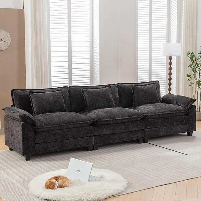 URRED Modular Sectional Sofa Comfy Cloud Couch, Modern Chenille Sofa Sleeper Deep Seat Couches with Ottoman/Pillows for Living Room (Black, 117'')-Ruum Studio Home
