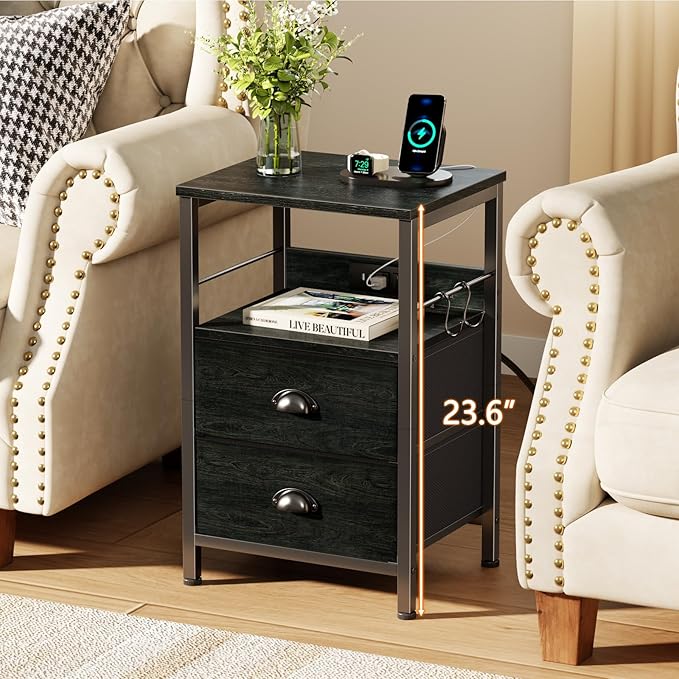 Furologee Nightstand with Charging Station, Black Night Stand with 2 Fabric Drawers, Side Table with USB Ports, End Table with Storage Shelf, for Living Room/Bedroom, Black Oak-Ruum Studio Home
