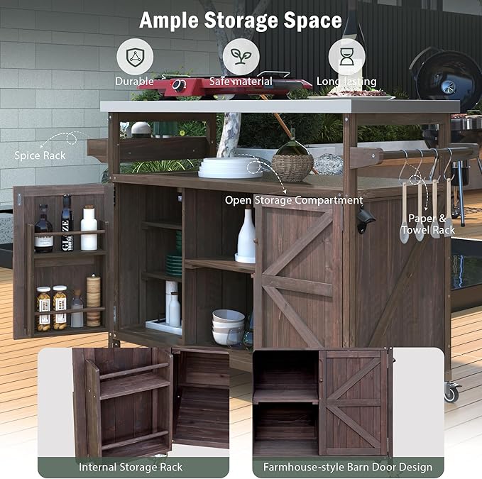 Farmhouse Solid Wood Grill Table with Stainless Steel Top, Outdoor Rolling Bar Cart & Storage Cabinet with Spice & Towel Rack, Outdoor Kitchen Island with Internal Storage Rack, Dark Brown-Ruum Studio Home