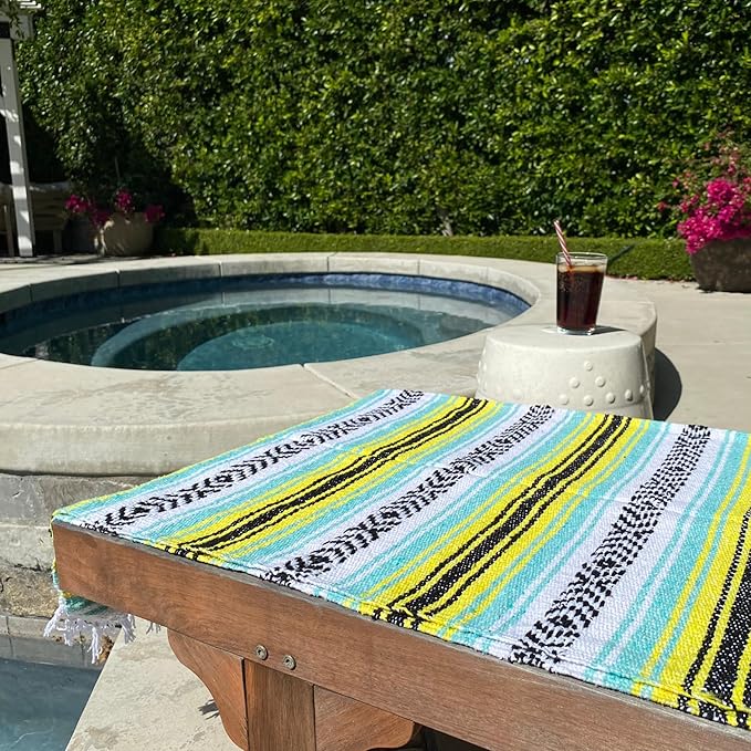 Del Mex Classic Mexican Blanket, Large Authentic Woven Falsa Throw (70"x50"), Artisan Southwest Décor for Beach, Yoga, Outdoors (Mint/Yellow)-Ruum Studio Home