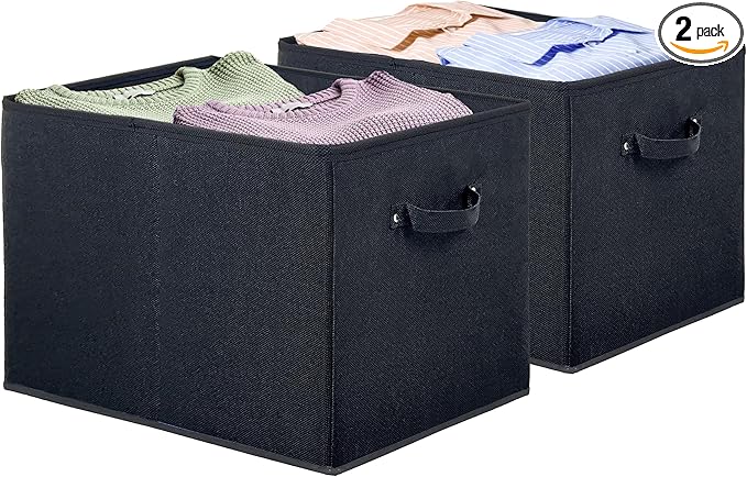 SIMPLE HOUSEWARE 15 x 13 Inch Collapsible Fabric Storage Bin with Handles, 2 Pack, Black-Ruum Studio Home