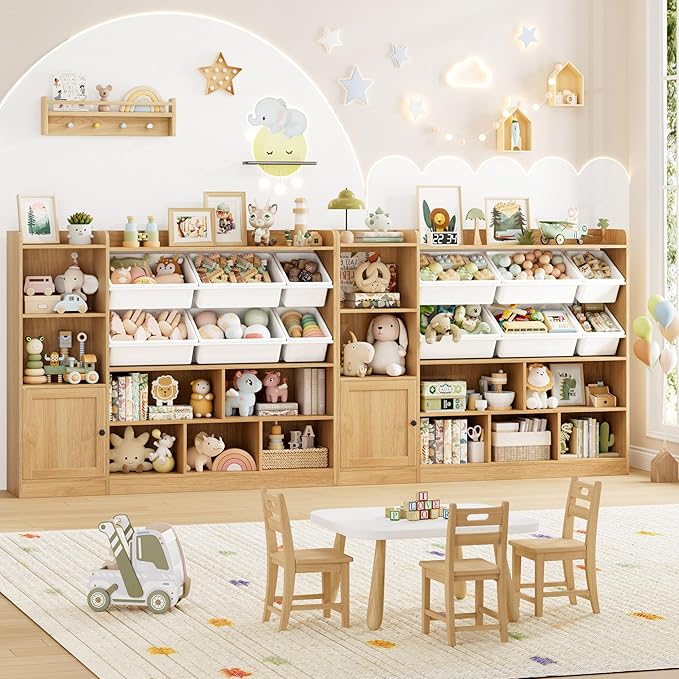 Toy Storage Organizer, 55” Wide Toy Organizers and Storage with 8 Storage Cubbies & 6 Toy Bins, Large Toy Box with Bookshelf, Playroom Storage for Playroom, Oak-Ruum Studio Home