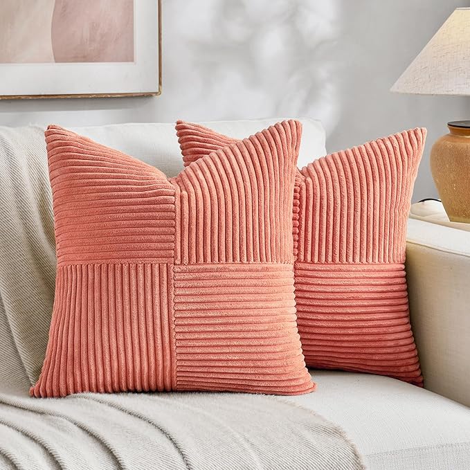 Fancy Homi 2 Packs Coral Big Decorative Throw Pillow Covers 24x24 Inch for Living Room Couch, Rustic Farmhouse Boho Home Decor, Soft Corss Corduroy Patchwork Accent Peach Square Cushion Case 60x60 cm-Ruum Studio Home