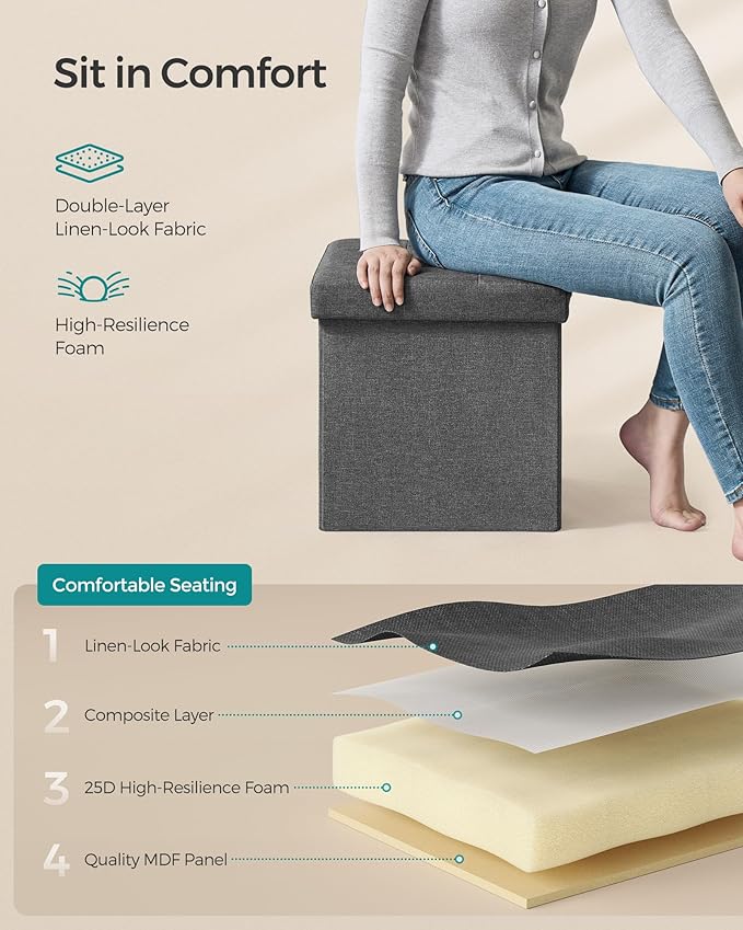 SONGMICS Folding Storage Ottoman Bench，38 x 38 x 38 cm， Ottoman Foot Rest, End of Bed Bench, Storage Chest, Load 300 kg, for Living Room, Bedroom, Entryway, Dorm, Dark Gray ULSF27Z-Ruum Studio Home