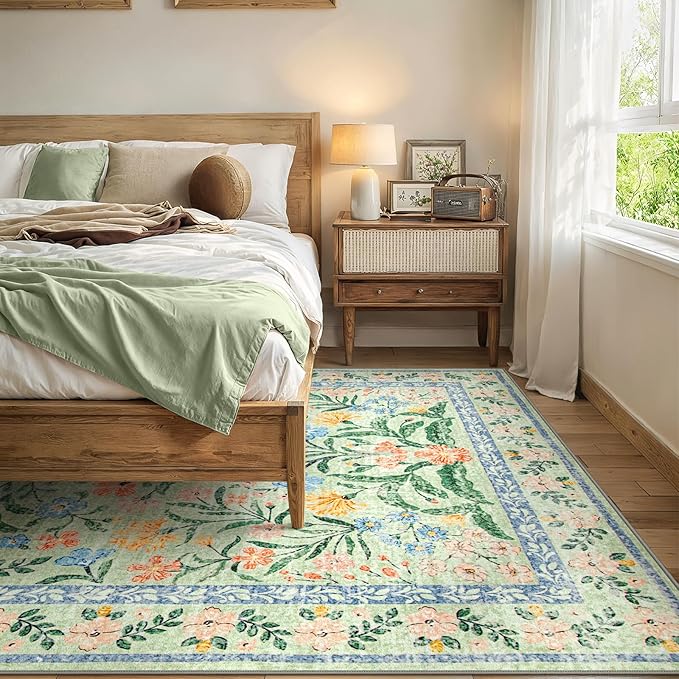 Wonnitar 10x14 Machine Washable Area Rugs, Green Floral Large Rugs for Living Room, Ultra-Thin Foldable Boho Flower Print Bedroom Carpet for Dorm Apartment Office-Ruum Studio Home