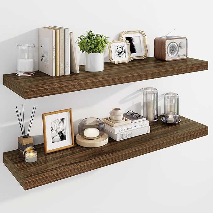 Marsmiles 39" Floating Shelves for Wall, Wooden Shelves with Invisible Brackets Set of 2, Rustic Farmhouse Wall Mounted Shelf for Kitchen Bathroom Living Room Study, Walnut-Ruum Studio Home