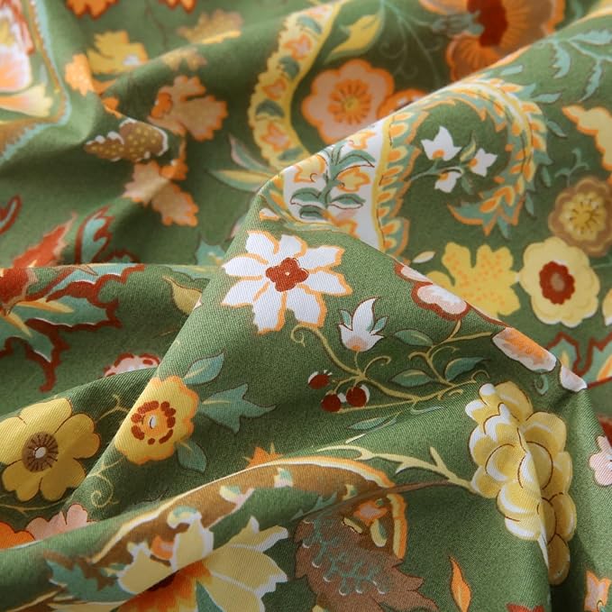 ABREEZE Paisley Bedding Sets 3Pcs Brushed Cotton Duvet Cover Set Queen Size Rustic Damask Green Floral Comforter Cover with Zipper Closure Boho Bedding Collections-Ruum Studio Home