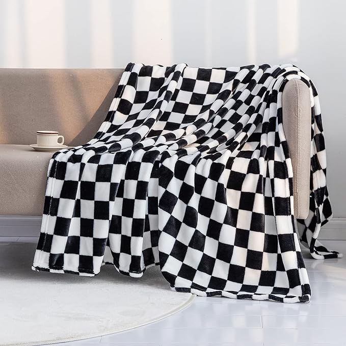 LOMAO Throw Blankets Flannel Blanket with Checkerboard Grid Pattern Soft Throw Blanket for Couch, Bed, Sofa Luxurious Warm and Cozy for All Seasons (Black, 90"x110")-Ruum Studio Home