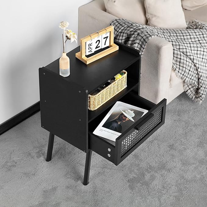 Lerliuo Rattan Nightstand, Side Table with Drawer Open Shelf, Cane Accent Bedside End Table with Solid Wood Legs, Mid Century Modern Night Stand for Bedroom, Dorm and Small Spaces (Black)-Ruum Studio Home