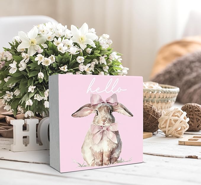 SRADMO Pink Coquette Bow Hello Bunny Wood Box Sign Desk Decor, Bunny Decorations, Easter Theme Wooden Block Box Sign Decoration for Home Office Shelf Table Decor-Ruum Studio Home