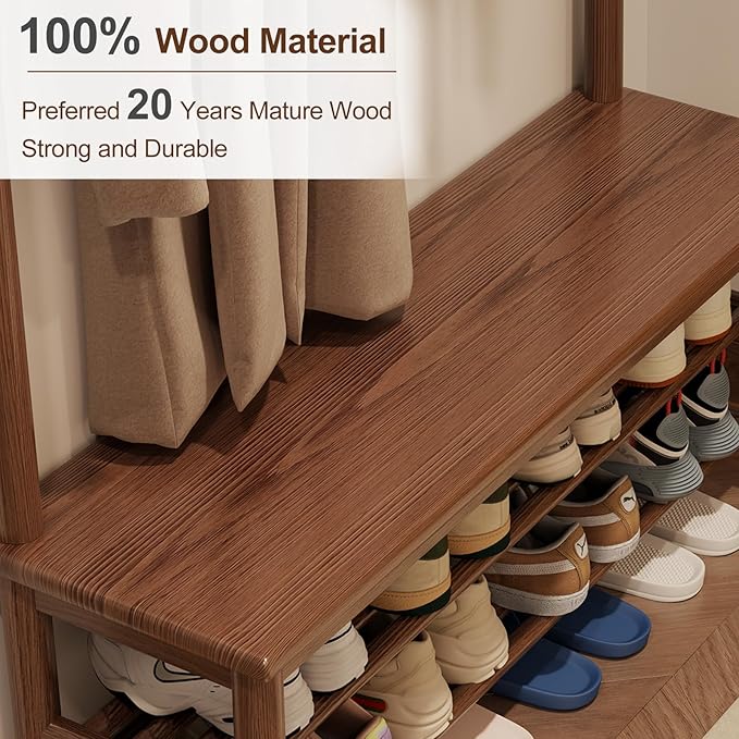 Coat Rack with Shoe Storage, Wooden Hall Tree with Bench, 11 Hooks and 2-Tier Storage Shelves, 3-in-1, Entryway Bench with Coat Rack (39.3"-Walnut)-Ruum Studio Home