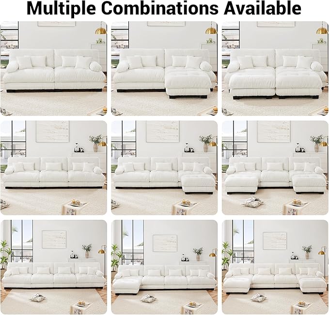 Loveseat Modular Sectional Sofa, L Shaped Couch with Ottoman, Cloud Couch Sectional Couch Home Sofa Living Room Oversized Couch Deep Seat Couch with Round Bolster Armrests 4 Pillows(White)-Ruum Studio Home