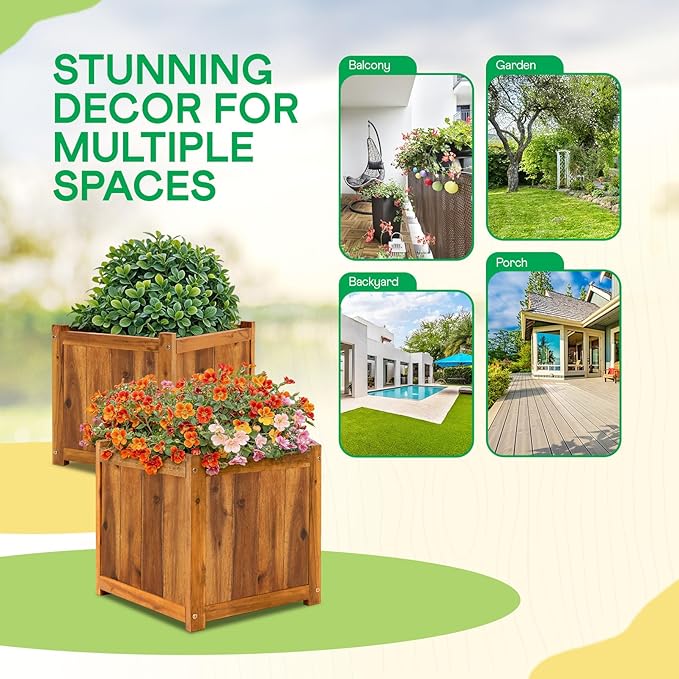 IDZO Set of 2 Acacia Wood Flower Planters for Outdoor Plants, Ergonomic Handles, Drainage Holes, Various Sizes, Ideal for Home Décor, Light Cherry-Ruum Studio Home