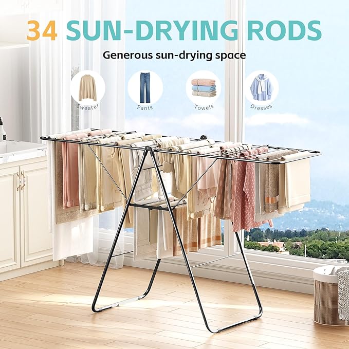 APEXCHASER Clothes Drying Rack, Oversized Drying Rack Clothing with Height-Adjustable, Foldable Gullwings Metal Laundry Rack, Indoor Outdoor Use, No Assembly, Black-Ruum Studio Home