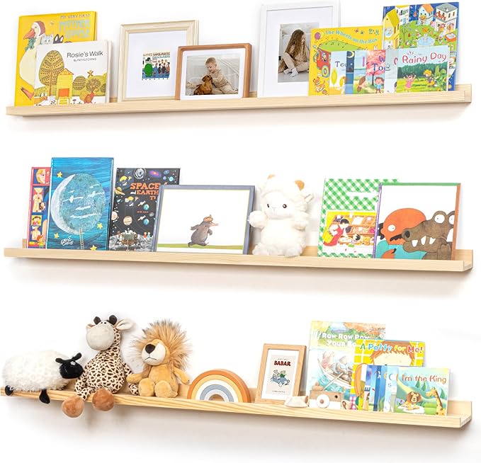 Pine Wood Nursery Book Shelves 3 Pack, Floating Ledge Shelves for Kids' Room, Bedroom, Bathroom, Long Floating Shelves for Wall, Natural-Ruum Studio Home