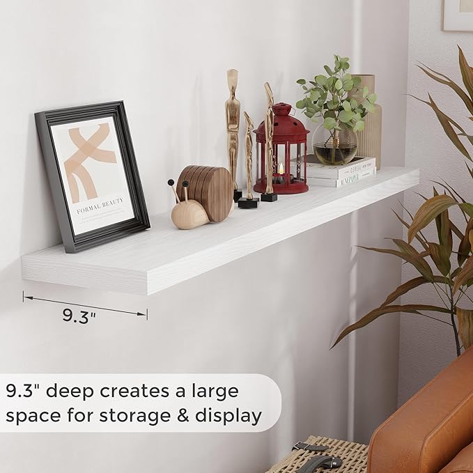 55 Inch Floating Shelves White, Rustic Wood Floating Shelf Wall Mounted, 9 Inch Deep Floating Shelf for Kitchen, Bedroom, 55 x 9 Wall Shelves for Home Storage, Set of 1-Ruum Studio Home