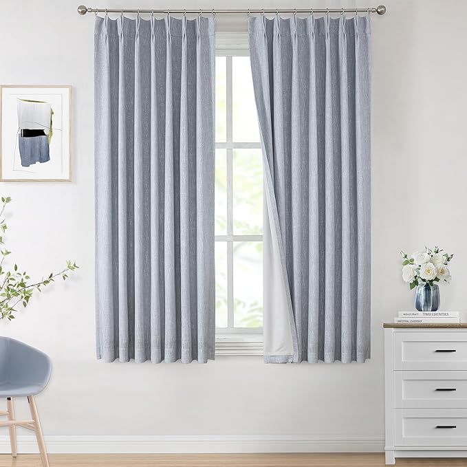 Vision Home Chambray Blue Full Blackout Curtains Pinch Pleated Room Darkening Window Curtains 72 inch for Living Room Bedroom Thermal Insulated Pinch Pleat Drapes with Hooks Back Tab 2 Panel 40"Wx72"L-Ruum Studio Home