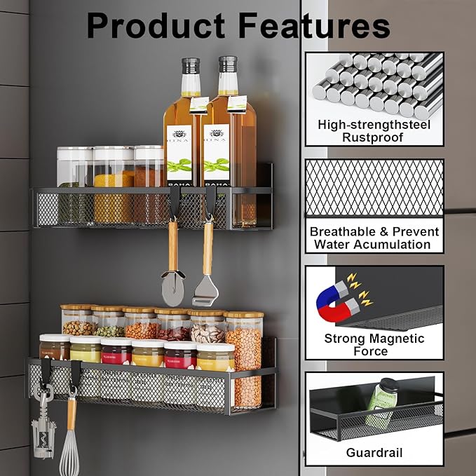 Magnetic Spice Rack for Refrigerator, 6 Pack Magnetic Shelf, Fridge Magnet Organizer with Moveable 12 Hooks, Magnetic Fridge Shelf for Kitchen Organization and Storage (6 Pack)-Ruum Studio Home