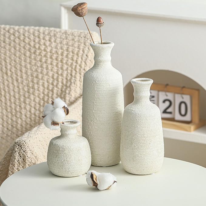 Ceramic Vase Set of 3, Neutral Rustic Vases Home Decor Farmhouse Decorative Vase Whitewashed Pottery Decor Boho Modern for Table Mantel Entryway Bookshelf Living Room Kitchen Bathroom Bedroom - White-Ruum Studio Home