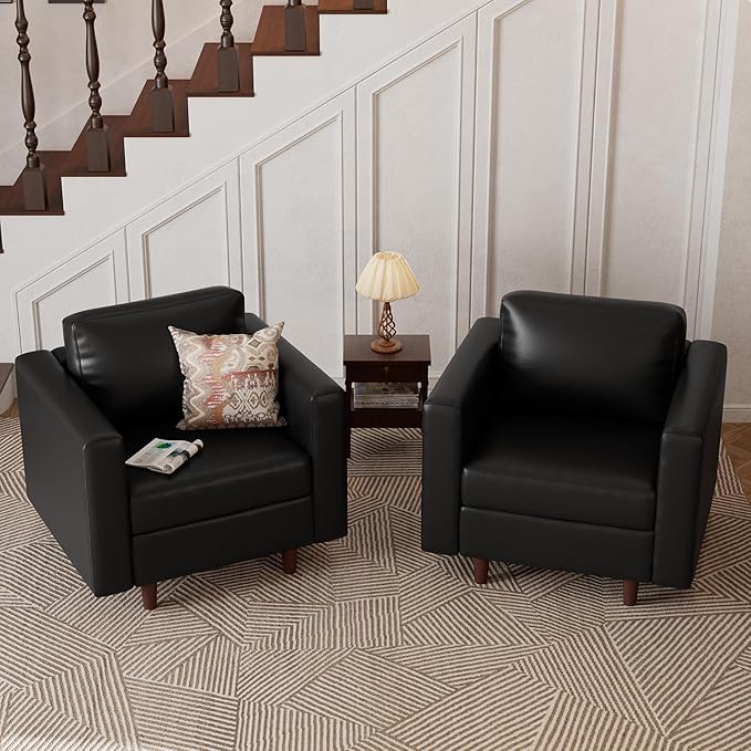 Faux Leather Oversized Accent Chair with Storage Deep Seat Single Sofa Large Reading Armchair for Living Room Bedroom Office Black Set of 2-Ruum Studio Home