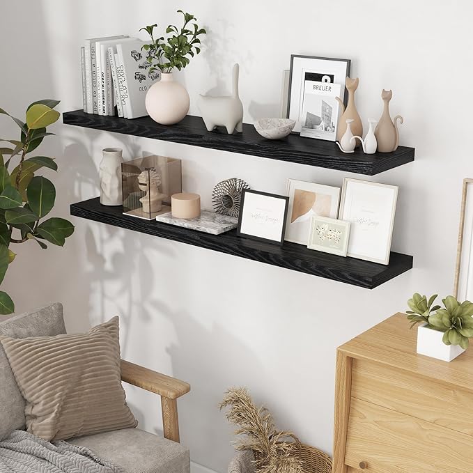 Fun Memories Floating Shelves 55 Inch Set of 2, Black 55 x 9 Wall Shelves for Home Decor Storage, Rustic Wood Floating Shelf for Wall, 9 Inch Deep Shelving for Bathroom, Living Room, Kitchen-Ruum Studio Home