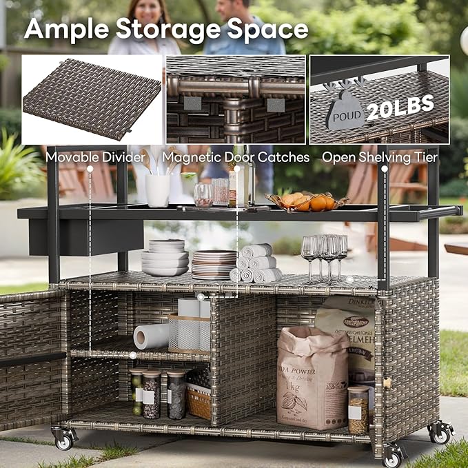 Outdoor Bar Cart with Storage Cabinet, Patio Bar Table with Tempered Glass Tabletop, Outdoor Serving Grill Cart with Rolling Wheels, Rattan Bar Cart for Patio, Backyard, Grey Wicker-Ruum Studio Home