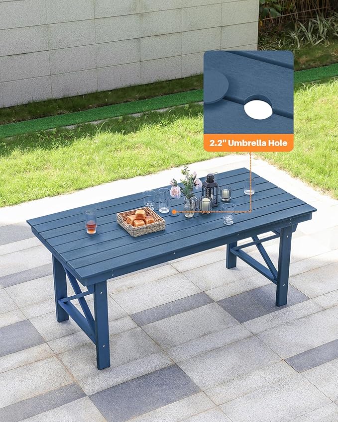 HDPE Outdoor Dining Table, 66.9” Rectangle Patio Dining Table for 6, All-Weather HDPE Outdoor Table with 2.2” Umbrella Hole, HDPE Patio Furniture for Deck, Backyard, Garden, Pool, Navy-Ruum Studio Home