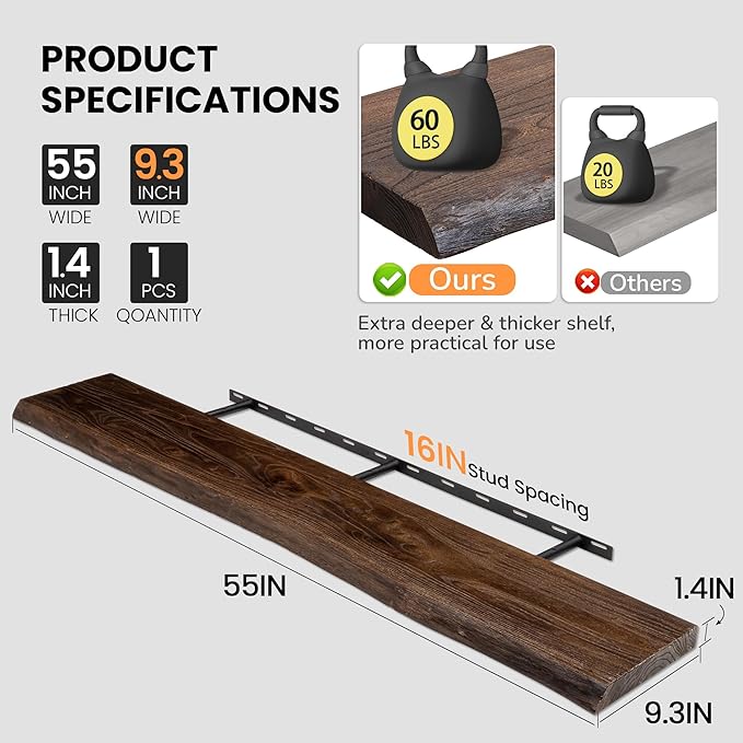 Floating Shelves for Wall, 55"x9.3" Rustic Solid Live-Edge Elm Wood Wall Shelves, Heavy-Duty Floating Shelves with Invisible Brackets, Set of 2 for Living Room, Bedroom, and Kitchen, Walnut Finish-Ruum Studio Home