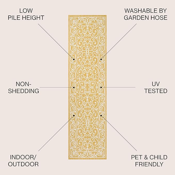 JONATHAN Y Vintage Filigree Indoor Outdoor Runner Rug 2X10 Yellow/Cream, Charleston Textured Weave for Backyard, Patio, Porch, Easy-Cleaning, High Traffic, Pet-Friendly, Non-Shedding (SMB106L-210)-Ruum Studio Home