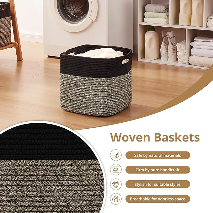 OIAHOMY 13 Kallax Inch Cube Storage Bins, 3-Pack Cotton Rope Woven Baskets for Organizing, Kallax Insert Storage Baskets for Shelves, Baby Nursery, Closet Organizer, 13*13*12.6IN, Black & Mixed Brown-Ruum Studio Home