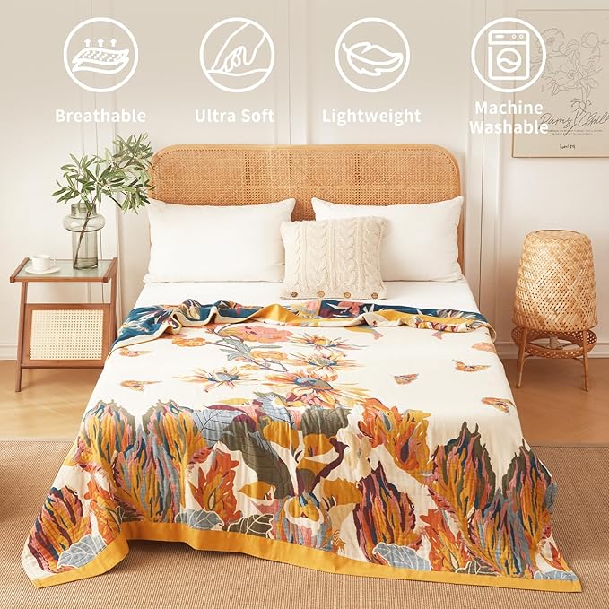 Floral Blanket Breathable Luxury Throw Rustic Quilt Lightweight Cotton Bedspread Multifunctional Blanket for Sofa Couch Chair (80"x90",02-Colorful Flowers)-Ruum Studio Home