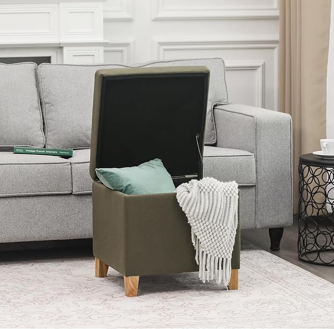 Adeco Fabric Storage Ottoman Bench with Solid Wood Legs, 17.7" Square Olive Green Leathaire Cube Foot Stool, Upholstered Button Tufted Vanity Chair with Hinged Lid for Living Room, Bedroom, Dorm-Ruum Studio Home