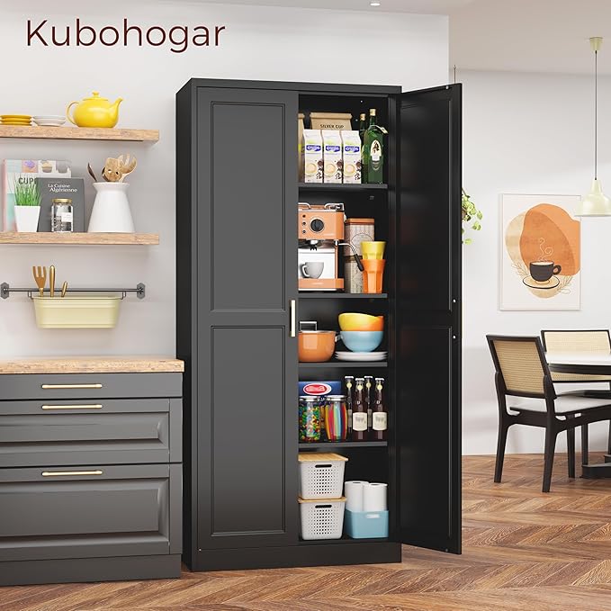 71" Tall Metal Pantry Cabinet, Black Kitchen Pantry Storage Cabinet with 4 Adjustable Shelves and Gold Handles, Cupboard for Kitchen, Dining Room, Living Room, Bathroom-Ruum Studio Home