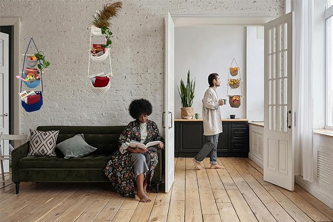 Hanging Fruit Basket, 3 Tier Cotton Macrame Produce Basket for Kitchen, Indoor Planter Hangers.-Ruum Studio Home