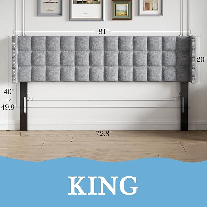 VECELO Headboard King Size, Linen Upholstered Headboards Only with Nailhead Trim Wingback, Square Stitched Design, Adjustable Height from 40" to 49.8", Light Grey-Ruum Studio Home