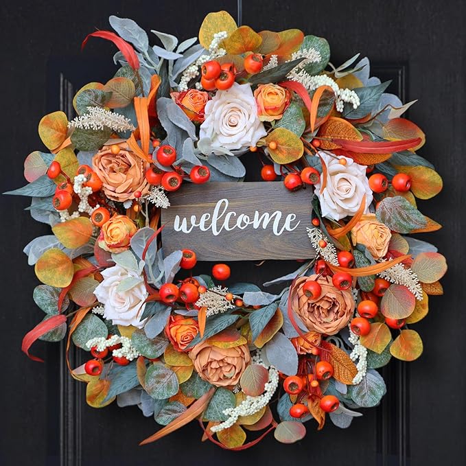 Fall Wreath for Front Door, 24 Inch Autumn Wreath with lamb's Ear Leaves, Roses, Berries & Wooden Sign,Fall Decorations for Home, Artificial Flowers Harvest and Thanksgiving Indoor & Outdoor-Ruum Studio Home