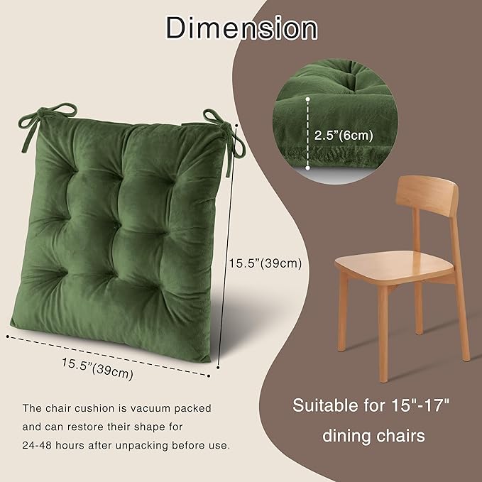 OVOV Chair Cushions for Dining Chairs Set of 6 Tufted Indoor Chair Pads with Ties Soft Square Seat Cushions for Kitchen Chairs 15.5"x15.5",Green-Ruum Studio Home