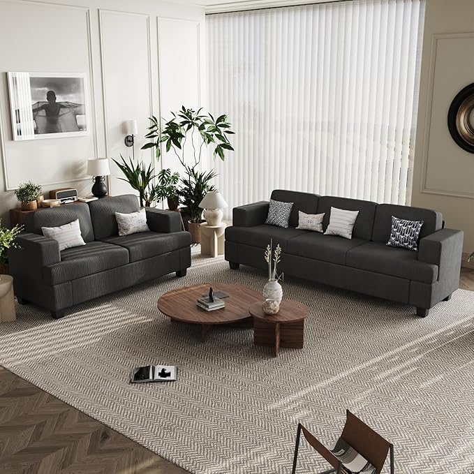 3 Seater Corduroy Couch for Living Room, 89” Black Cloud Sofa, Deep Seat Floor Couch for Bedroom, Futon Modern Sofa Sectional Bed, Black Corduroy-Ruum Studio Home