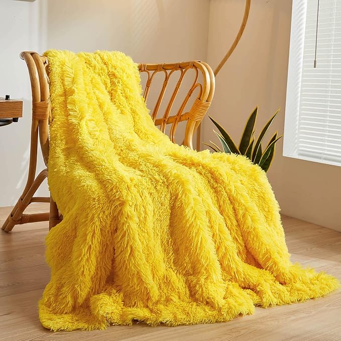 XeGe Luxury Faux Fur Throw, Yellow Soft 50x60 Fluffy Bed Blanket, Cozy Shaggy Plush Decorative Couch Throw, Cute Furry Fuzzy Lap Blanket for Kids Women Men Teen Girls Yellow-Ruum Studio Home