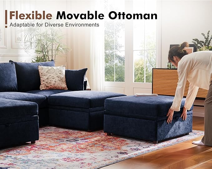 Luxury Modular Sectional Sofa, L-Shaped 3-Seat Couch with Storage Ottoman Deep Seat & Reversible Chaise Lounge Chenille Blue for Compact Spaces, Apartments, Dorm-Ruum Studio Home