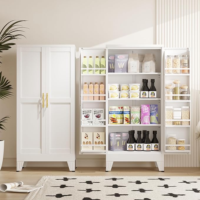51" Metal Kitchen Pantry Cabinet, Storage Cabinets with 2 Door and 3 Adjustable Shelves, White Freestanding Food Storage Cabinet, Steel Cupboard for Kitchen Dinning Room-Ruum Studio Home