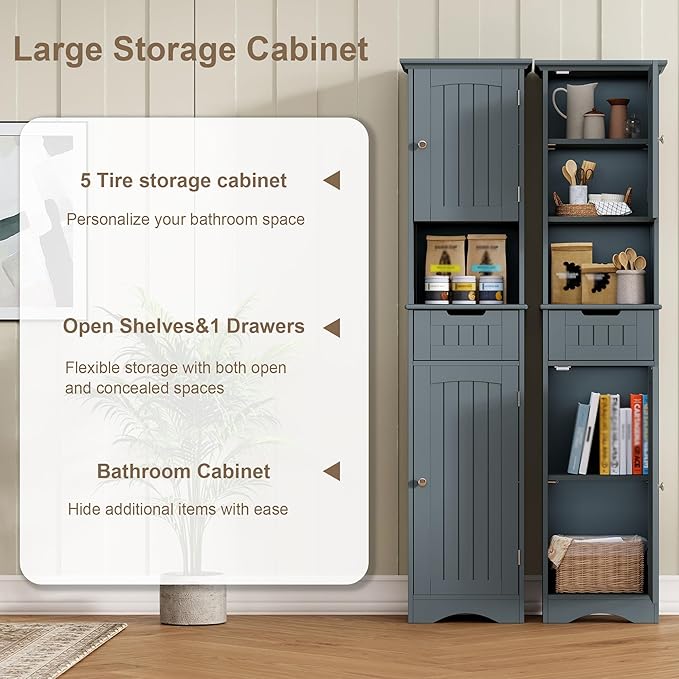 ChooChoo 67" Tall Bathroom Storage Cabinet Freestanding with Adjustable Shelves, Narrow Storage Linen Cabinet with 2 Doors and 1 Drawers for Bathroom, Living Room, Kitchen, Grey-Ruum Studio Home
