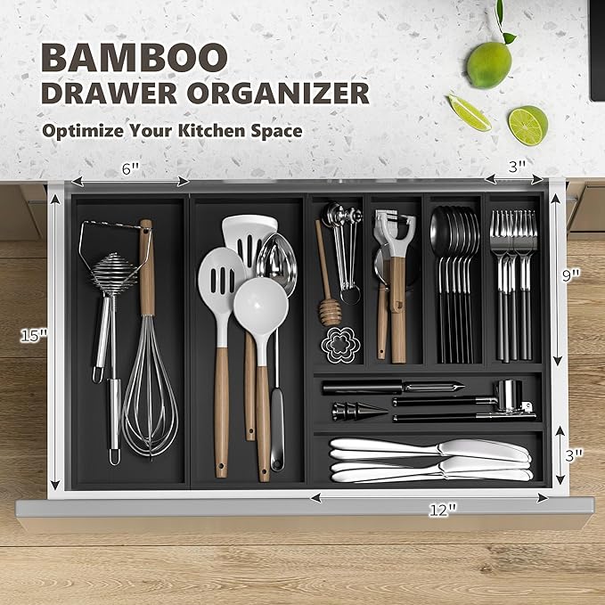 Kitchen Drawer Organizer Bins, Black Bamboo Drawer Organizer Stackable for Silverware, Utensils, Cutlery, Flatware, for Junk Drawer, Dresser, Bathroom, 6" x 3" x 2.5" (Set of 2)-Ruum Studio Home