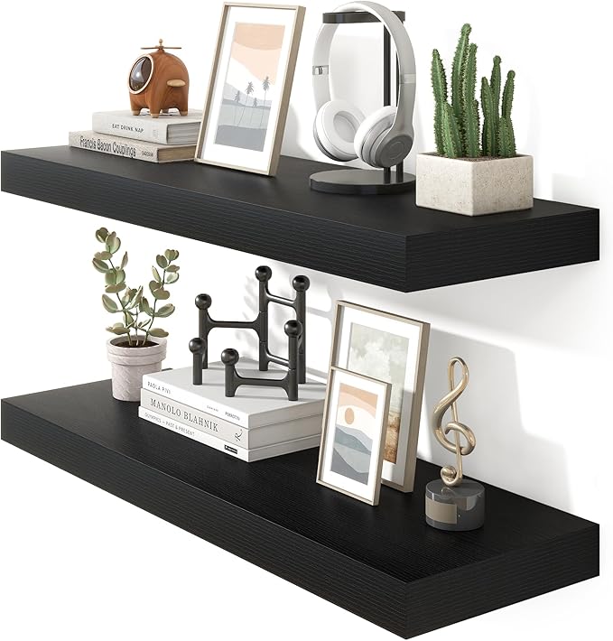 Heimlove 36 Inch Floating Shelves for Wall Set of 2,Black Wall Shelves for Storage & Decor - Heavy Duty with Invisible Brackets,Perfect for Living Room,Bedroom,Home Office-Ruum Studio Home
